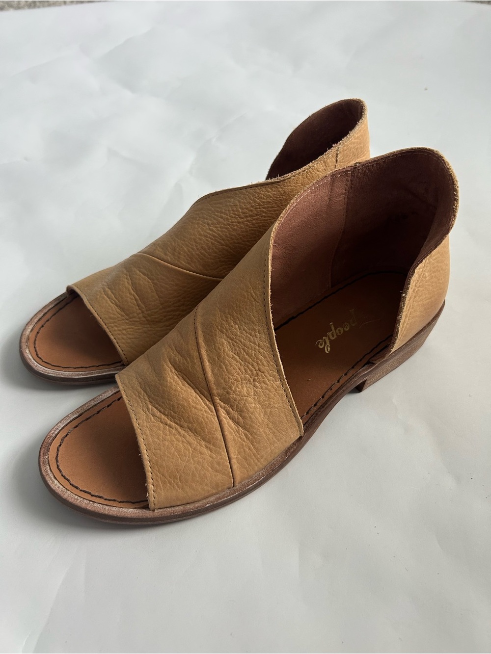 Free People Tan Leather Open-Toe Slide Sandals